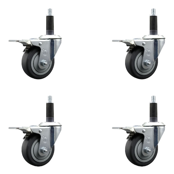 3.5'' SS Thermoplastic Rubber Swivel 1'' Expanding Stem Caster Set Total Lock Brake, 4PK